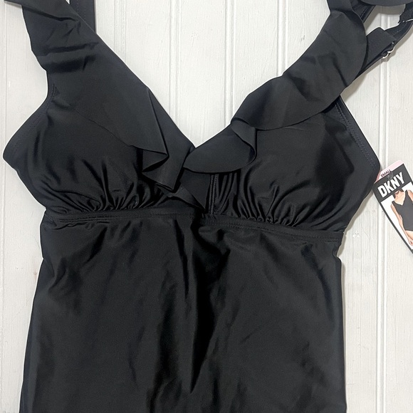 DKNY Ruffled V Neck Tankini Swimsuit Top‎ Womens Small Black Stretchy UPF NWT - Picture 5 of 11